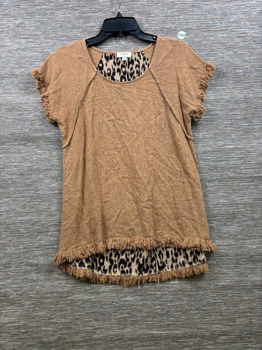 Umgee USA Top Womens Size S Brown Leopard Print Back Linen Cotton Fringe